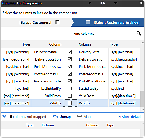 Remove any columns from comparison desired