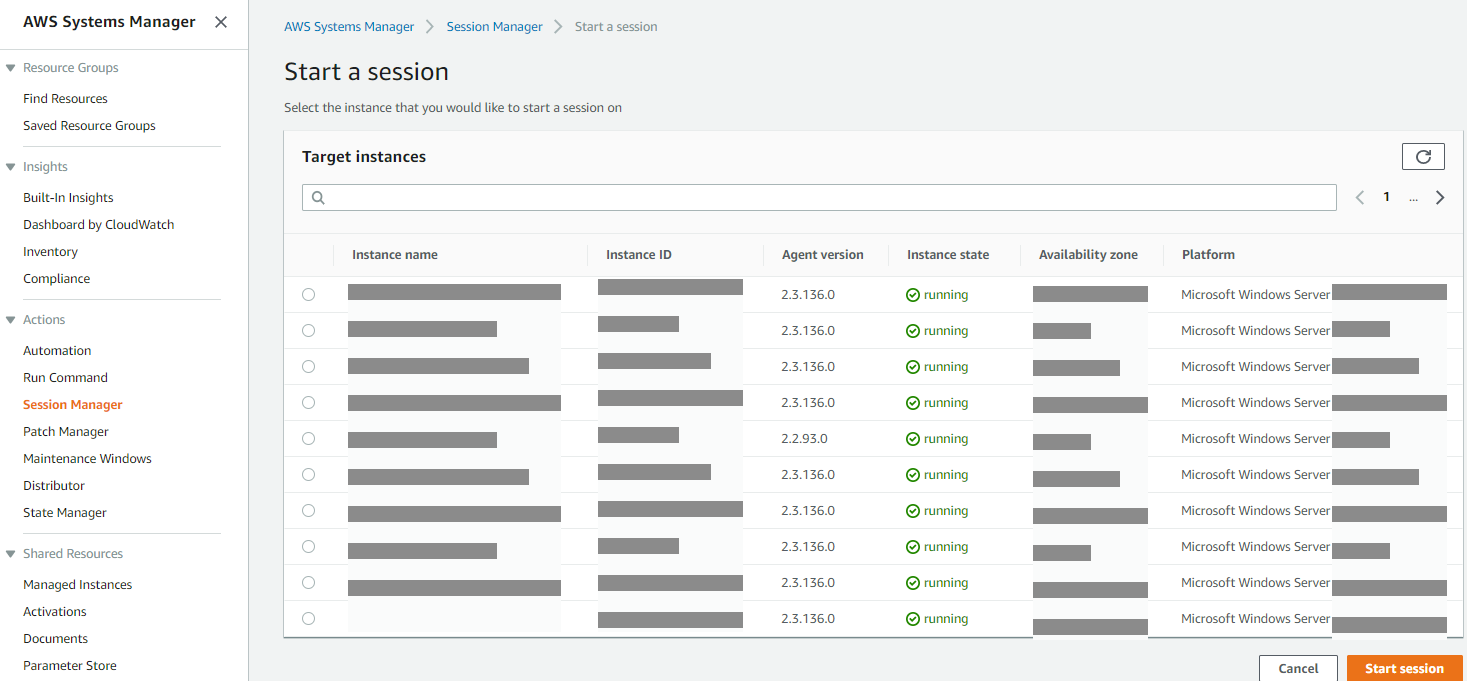 Select Instances to Start Session Against